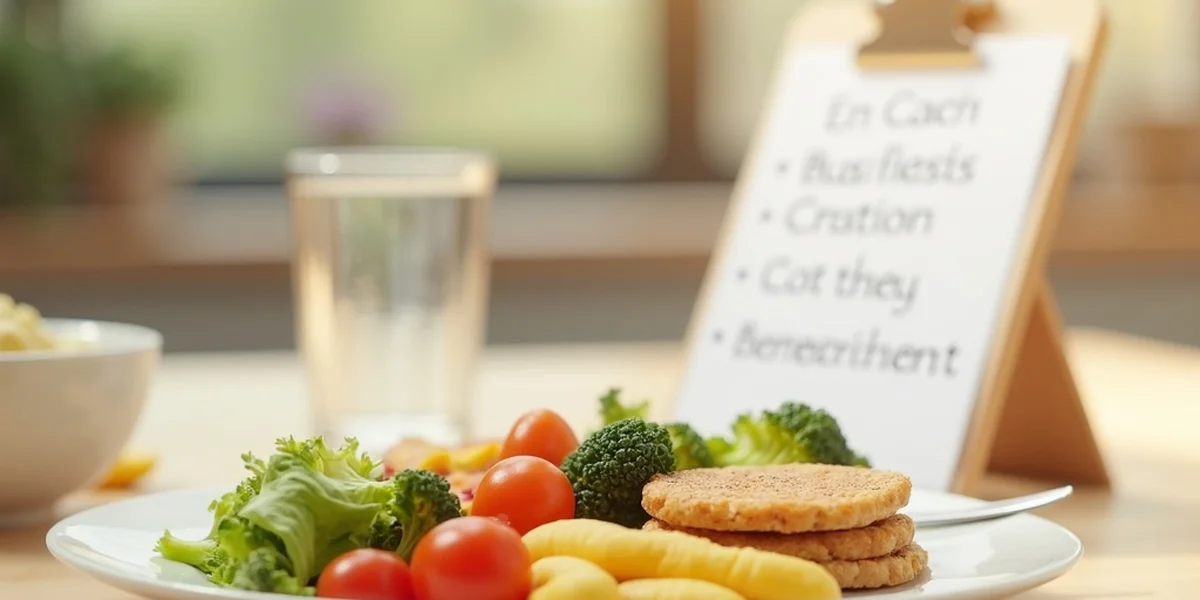 Plate of mixed salad greens, cherry tomatoes, broccoli, and crackers on a table with a blurred nutrition sign in the background