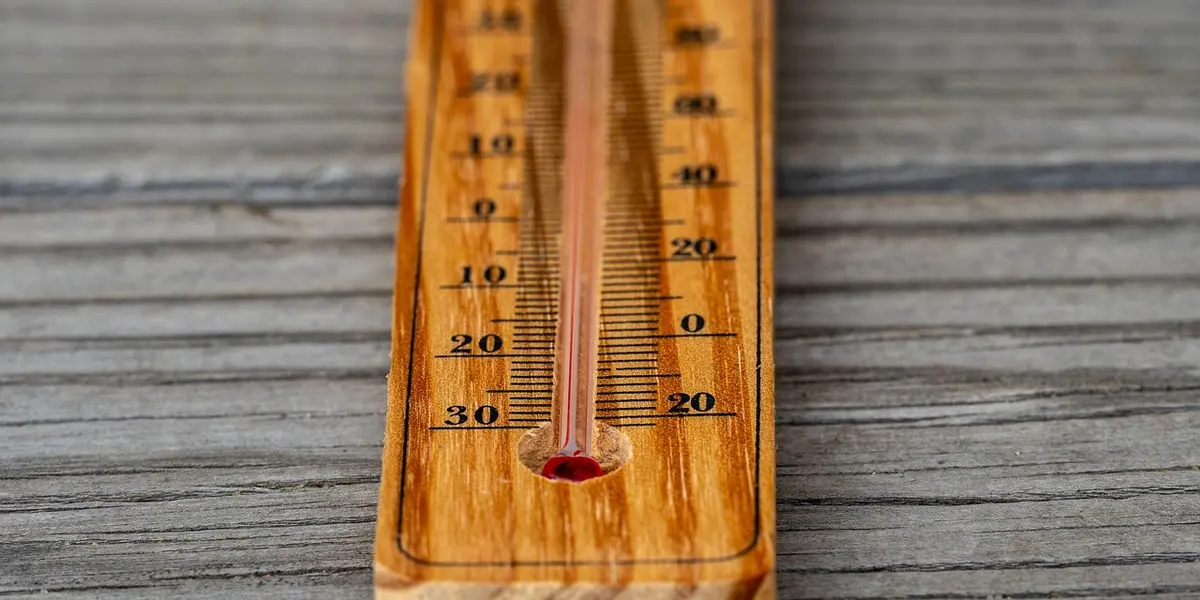 Close-up of a wooden thermometer with a red liquid column, placed on a weathered wooden surface.