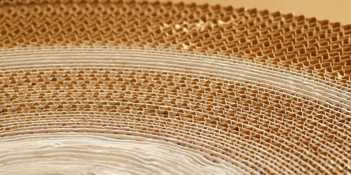 Close-up of tan woven burlap-like packing material with a white seam, used for shipping mantis nymphs.