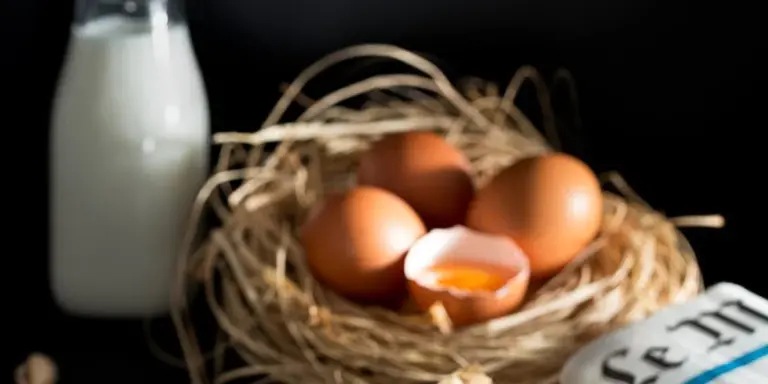 Nest with brown eggs, one cracked egg, on a dark surface with a bottle of milk in the background